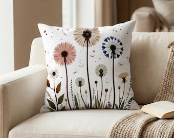 Dandelion Pillow Cover, Boho Floral Cushion Cover, Neutral Botanical Pillowcase, Minimalist Wildflower Home Decor, Gift for Plant Lovers