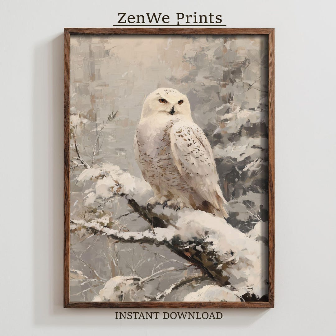 Vintage Snowy Owl Wall Art Print: Winter Wildlife Woodland Illustration ...