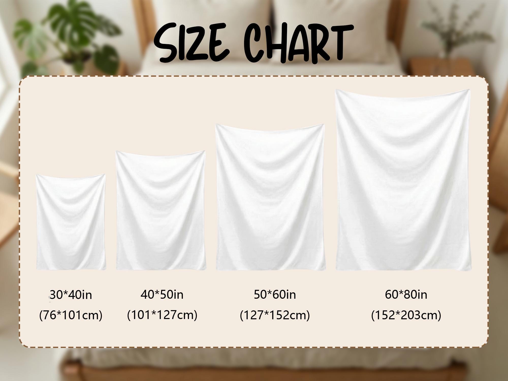 Blanket size chart showing four sizes in inches and centimeters