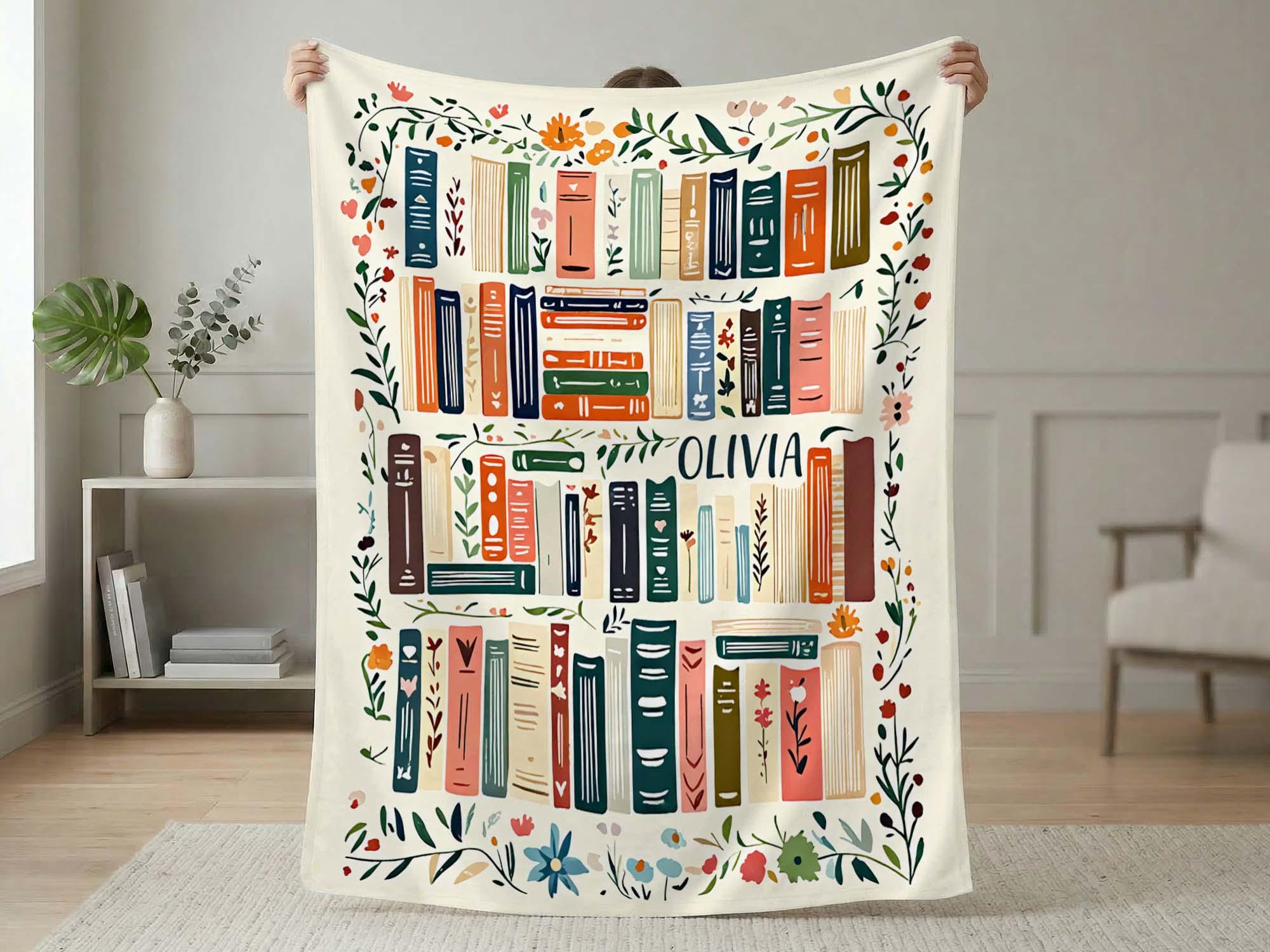 Personalized bookshelf blanket with floral border and sample name