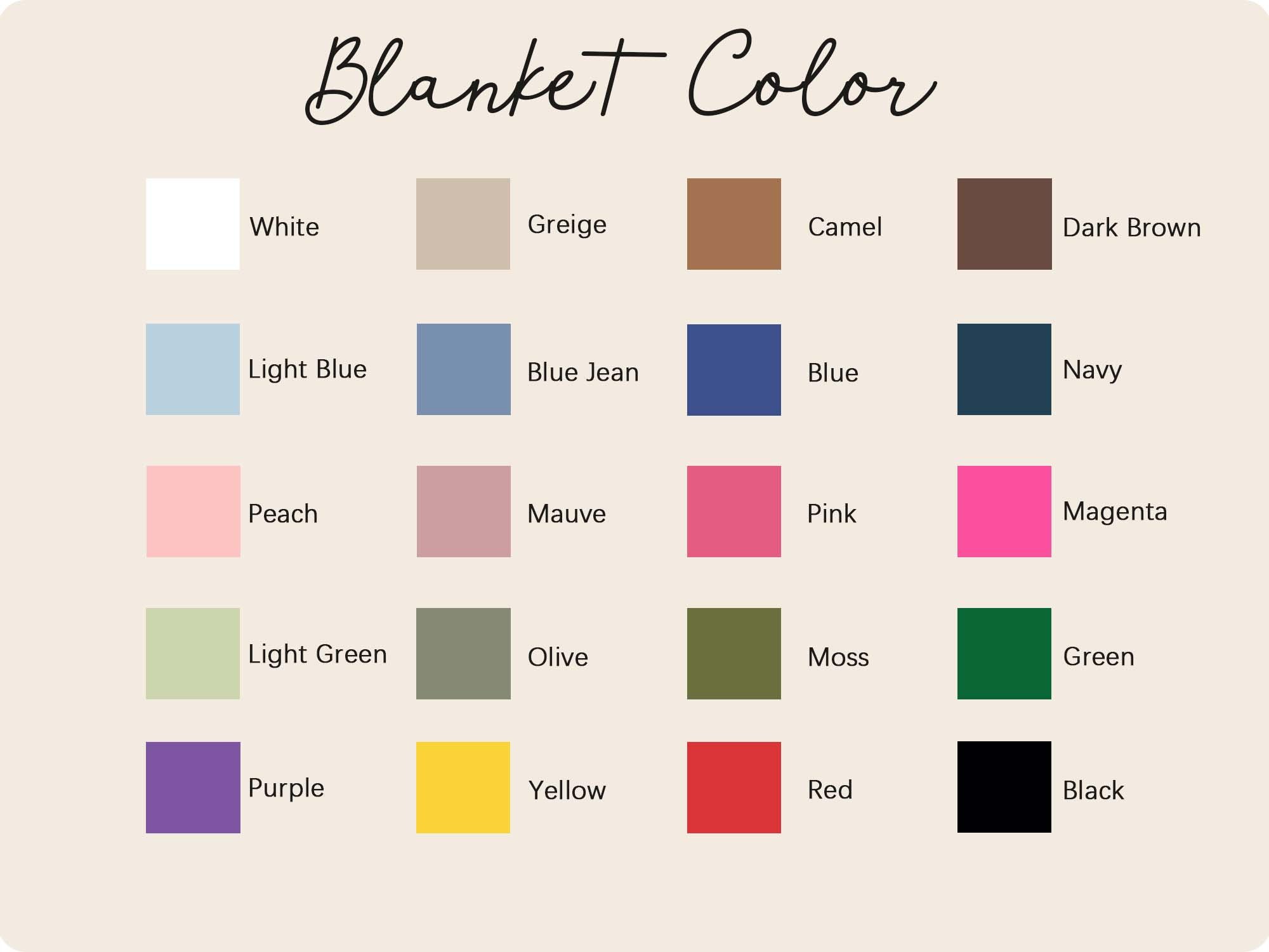 Blanket color swatch chart with 20 labeled options