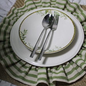 Vintage Green Striped Ruffled Round Placemat , 100% Cotton Handmade Table Mat , Farmhouse Table Decor