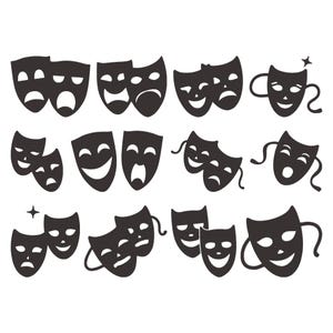 May include: A collection of black theater masks with various expressions, including happy, sad, and surprised. Some masks are paired, while others are single. The masks have curved lines and cut-out eyes and mouths.
