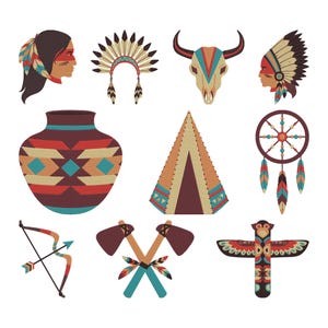 May include: A collection of Native American-themed illustrations. The image includes a profile of a person with face paint, a headdress, a bull skull, a vase with geometric patterns, a teepee, a dreamcatcher, a bow and arrow, crossed tomahawks, and a totem pole.