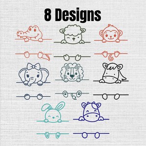 May include: A digital graphic set titled 8 Designs featuring eight line art illustrations of animals including a crocodile, sheep, monkey, elephant, lion, horse, rabbit, and cow, each peeking over a horizontal line with matching paw prints below.