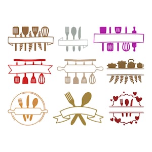 Op de afbeelding: Negen verschillende keukenontwerpen met keukengerei, kookgerei en banners. Elk ontwerp bevat keukengereedschap zoals spatels, gardes, vorken, lepels en deegrollers. Het kleurenpalet omvat bruin, rood, paars en goud.