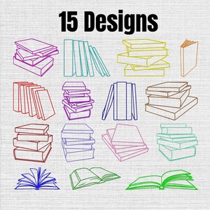 May include: A digital collection of 15 designs featuring various line art illustrations of books, including stacks, rows, and open volumes in multiple colors like purple, blue, yellow, orange, red, pink, and green, set against a light gray background.