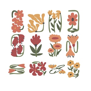 Può includere: Una collezione di illustrazioni floreali stilizzate nei toni dell'arancione, del rosso e del giallo, con steli e foglie verdi. I fiori sono disposti in forme rettangolari su sfondo bianco, mostrando vari disegni e forme.