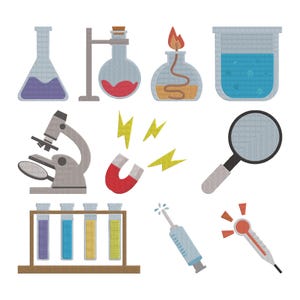 May include: A set of science-themed illustrations depicting laboratory equipment. Includes a beaker with blue liquid, a microscope, test tubes, a magnifying glass, a magnet with lightning bolts, a syringe, a thermometer, and a flask with a flame.