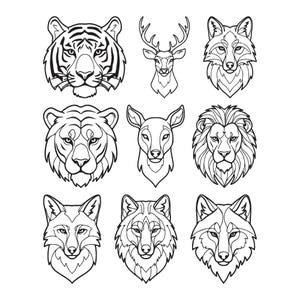 May include: Black and white line art illustrations of various animals, including a tiger, deer, fox, lion, and wolf. Each animal is depicted as a stylized head with detailed linework, suitable for graphic design or decorative purposes.