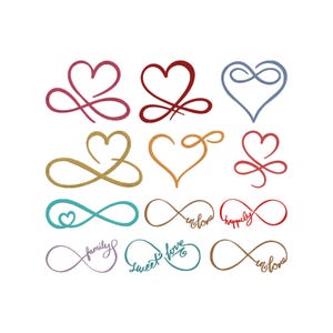 May include: A collection of heart and infinity symbol designs in various colors. Some designs combine the heart and infinity symbol, while others feature the word "in love", "family", "sweet love", and "happily".