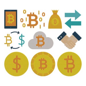 May include: Embroidered Bitcoin-themed icons. The image features a tablet, a Bitcoin symbol with binary code, a money bag, arrows, a Bitcoin and dollar sign exchange, a cloud with a Bitcoin symbol, handshake, and coins.