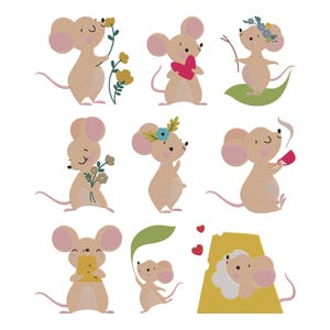 May include: A collection of nine cartoon mice in various poses. The mice are light tan with pink ears and tails. Some mice hold flowers, a heart, a leaf, or a cup. One mouse is on a leaf, and another is near a cheese wedge.
