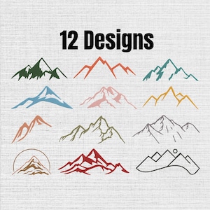Pode incluir: Uma coleção digital de 12 designs de montanhas com vários estilos artísticos, incluindo formas sólidas, desenhos de linhas e silhuetas em cores como verde escuro, laranja, azul-petróleo, azul, rosa, amarelo, castanho, vermelho e contornos pretos.