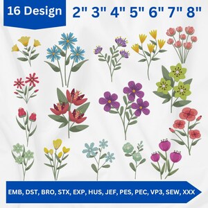 Wildflower Embroidery Design Set – 16 Floral Machine Embroidery Patterns, Available 7 Sizes, Instant Download