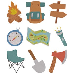 May include: Embroidered camping-themed icons: campfire, backpack, signpost, compass, map, torch, folding chair, shovel, and axe. The color scheme features brown, green, blue, and orange. Measurements are not applicable.