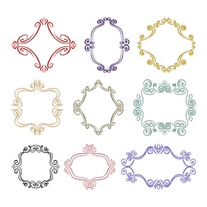 May include: Nine ornate, decorative frames in various shapes and colors, including red, purple, gold, and green. Each frame features intricate scrollwork and flourishes, perfect for design projects or embellishments.
