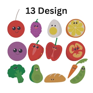 Könnte beinhalten: Bild von 13 gestickten Lebensmitteldesigns mit lächelnden Gesichtern, darunter Kirsche, Trauben, Ei, Orangenscheibe, lila Kreis, roter Paprika, Tomatenscheibe, Brokkoli, Avocado, Brot, Karotte und Erbsenschote. Der Text "13 Design" steht oben.
