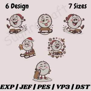 May include: Six embroidery designs featuring a round, white, furry character in various winter poses, including riding a wooden sled, holding a gingerbread cookie, and surrounded by snowflakes. Text reads 6 Design, 7 Sizes, EXP, JEF, PES, VP3, DST.
