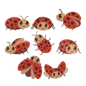 May include: A collection of seven cartoon ladybugs in various poses. Each ladybug has a red body with black spots, a tan face, and a smiling expression. Some have open wings, while others are closed, all on a white background.