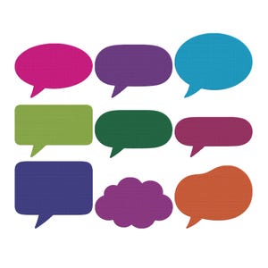 Puede incluir: Nueve bocadillos de diálogo coloridos de varias formas y tamaños. Las burbujas son en tonos de rosa, morado, azul, verde y naranja. Cada burbuja tiene una apariencia texturizada y una pequeña cola que indica el habla.