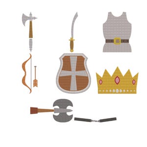 May include: A collection of embroidered medieval-themed designs. Includes a silver and brown axe, a bow and arrow, a sword, a shield with a cross, a crown with pink gems, a battle axe, a vest, and nunchucks.