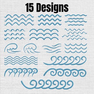 May include: A collection of 15 blue wave designs arranged in rows on a light textured background. The graphic set features various styles of water ripples, cresting waves, and swirling ocean patterns rendered in a consistent blue line art.