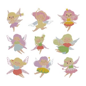 May include: Nine embroidered fairy designs in various colors, including yellow, pink, green, and purple. Each fairy has wings and is depicted in a playful pose, with details like crowns and wands. The fairies are set against a white background.