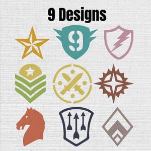 May include: A collection of 9 Designs featuring various embroidered-style icons including a yellow star, a teal shield with a number nine, a pink shield with a lightning bolt, green chevrons, a yellow circle with crossed swords, and a horse head.