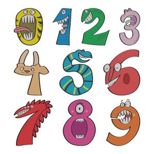 Puede incluir: Un conjunto de números bordados del 0 al 9, cada uno diseñado como un monstruo caprichoso. Los números presentan colores vibrantes como amarillo, azul, verde, rosa, rojo y naranja. Cada número tiene una cara de monstruo única.