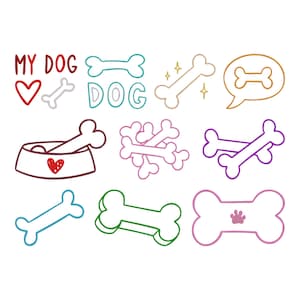 May include: A collection of dog-themed illustrations in various colors. The image includes the words "MY DOG" and "DOG", along with several bone shapes, a dog bowl with a heart, and a paw print. The illustrations are in a cartoon style.