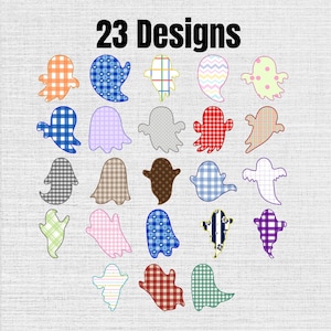 May include: A collection of 23 ghost-shaped designs arranged in a grid. Each ghost features a unique pattern, including various plaids, gingham, polka dots, stripes, and floral prints in colours such as blue, red, orange, green, pink, and brown.