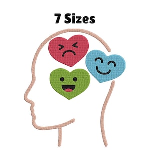 Emotions Embroidery Design – Heart Emoji Faces in Head Outline for Fun & Mental Health Projects