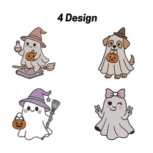 Puede incluir: Cuatro diseños temáticos de Halloween con fantasmas y un perro disfrazados. Los diseños incluyen un fantasma con sombrero de bruja, un perro fantasma y un fantasma con un lazo. El texto "4 Design" está en la parte superior.