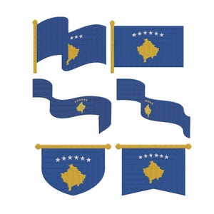 May include: A collection of blue flags with gold poles and a gold map outline. Each flag features a gold map outline and white stars. The flags are in various shapes, including rectangular and banner styles.