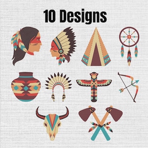 Könnte beinhalten: Eine digitale Sammlung von 10 Designs mit Illustrationen einer Person mit Federn, einem Kopfschmuck, einem Tipi, einem Traumfänger, einem gemusterten Topf, einer Federkrone, einem Totempfahl, Pfeil und Bogen, einem Stierschädel und gekreuzten Äxten.