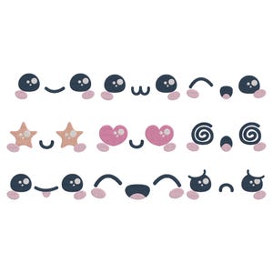 May include: A collection of embroidered kawaii face elements, including dark blue eyes with pink accents, star and heart shapes, and curved lines. The elements are arranged in rows, suitable for crafting or design projects.