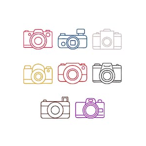 May include: A collection of eight outline illustrations of cameras in various colors, including red, blue, gray, yellow, and purple. Each camera design features a lens and a rectangular body, with slight variations in style.