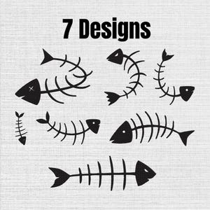 以下が含まれることがあります： 明るいグレーのテクスチャ背景に配置された7つの黒い魚の骨のシルエットのコレクション。このグラフィックには、湾曲したものや直線的なものなど、さまざまな魚の骨のデザインが含まれており、上部には「7 Designs」というテキストが印刷されています。