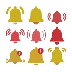Puede incluir: Colección de nueve iconos de campana en amarillo y rojo. Algunas campanas tienen símbolos de ondas de sonido, y dos tienen una insignia de notificación con el número 1. Las campanas están representadas con una apariencia texturizada y cosida.