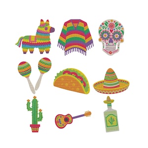 Diseño de bordado de calavera de azúcar para fiesta mexicana, archivo de bordado a máquina de calavera de azúcar, llama, sombrero, taco, 9 diseños, 5 tamaños, descarga instantánea