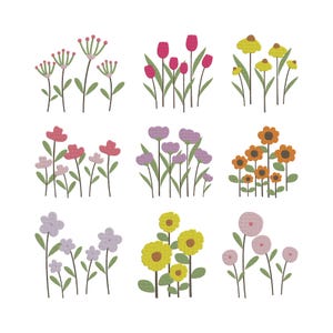 Puede incluir: Una colección de nueve ilustraciones florales con varios tipos de flores en una gama de colores. Los diseños incluyen flores rosas, rojas, amarillas, naranjas y moradas con tallos y hojas verdes, sobre un fondo blanco.