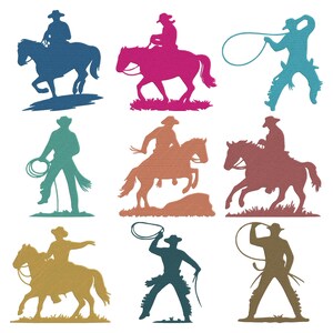 May include: Nine colorful cowboy silhouettes in various poses, including riding horses and roping. The cowboys and horses are depicted in shades of blue, pink, green, orange, brown, and gold against a white background. Western-themed art.