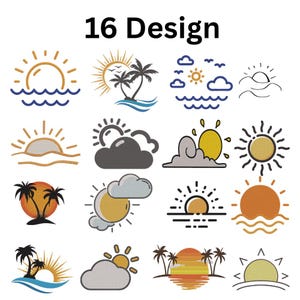 Sunset & Sunrise Embroidery Design Set – 16 Summer Sun , Boho Sun Emb, Beach Patterns Machine Emb Design in 7 Sizes, Inatstant Download