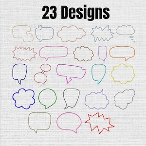 May include: A collection of 23 speech bubble designs in various shapes and colors, including rectangular, cloud-like, and jagged outlines. The text 23 Designs is printed in bold black letters at the top of the image, showcasing diverse styles.