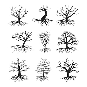 May include: Nine black silhouette illustrations of bare trees with exposed roots. The trees vary in shape and size, with some having twisted trunks and branches. The image is on a white background.
