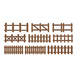 May include: A collection of various brown wooden fence designs, including picket, rail, and gate styles. The fences are arranged in a row, showcasing different construction methods and aesthetics. Ideal for crafting or garden decor.