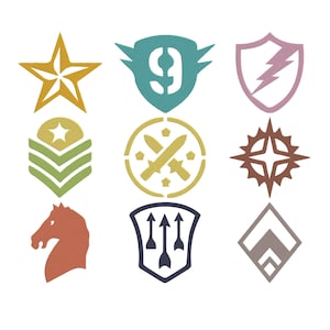 May include: A collection of nine colorful embroidered patches in various shapes. Designs include a gold star, a teal shield with the number 9, a pink shield with a lightning bolt, and a brown horse head. The patches are on a white background.