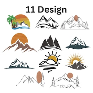 May include: An image featuring eleven mountain and sunset designs. The designs include mountain silhouettes, suns, and palm trees. The text "11 Design" is displayed at the top of the image.