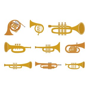 Könnte beinhalten: Eine Sammlung von neun Blechblasinstrumenten, darunter Trompeten und ein Waldhorn, in Gold- und Orangetönen. Die Instrumente sind in einem Rastermuster vor einem weißen Hintergrund angeordnet. Enthält ein Flügelhorn.